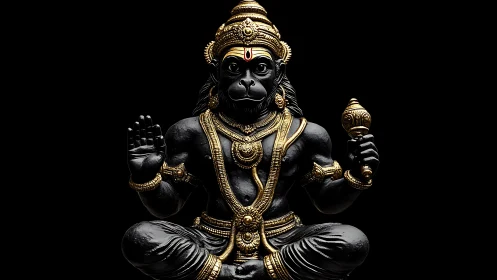 Black and gold Hanuman sculpture in frontal meditative pose.