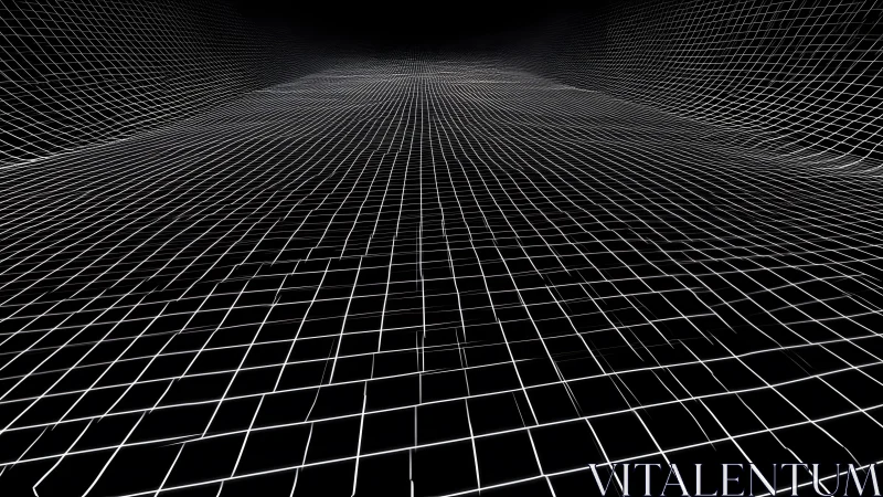Futuristic 3D Wireframe Grid in Black and White Digital Style.