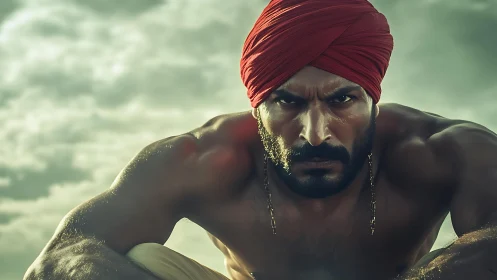Muscular man in red turban against cloudy sky background.