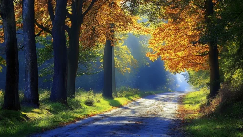 Sunlit Forest Corridor Where Autumn Gold Meets Verdant Pathways