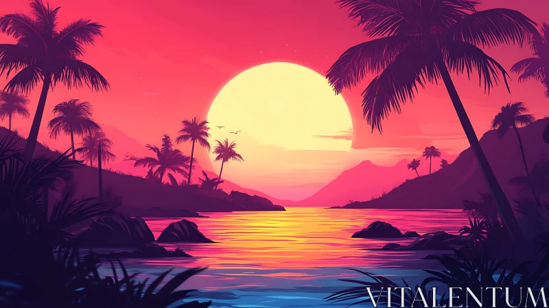 Neon gradient tropical sunset with silhouetted palms and reflective bay