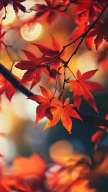 Red maple leaves in warm autumn backlight close focus.