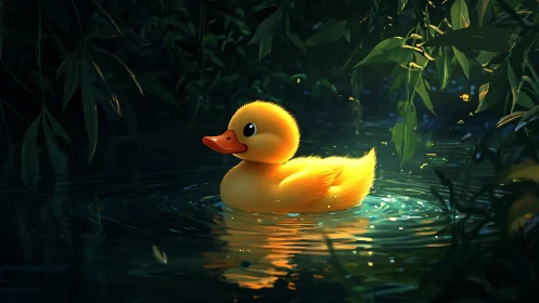 Digital duck figure floats on reflective forest water