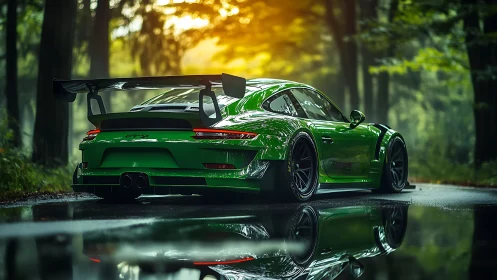 Emerald track car with rear wing on reflective forest road.