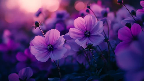 Purple Cosmos Flowers in Twilight's Gentle Glow.