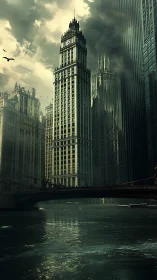 Stormlit clocktower city brooding over emerald river skies.