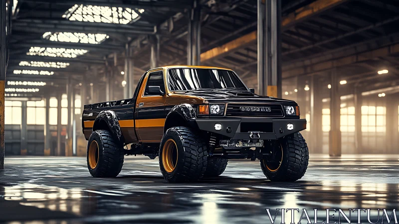 Lifted retro pickup truck in cinematic warehouse light.