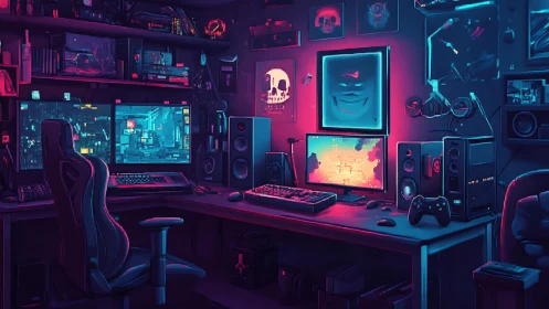 Cyberpunk dual-monitor gaming setup with neon lighting.