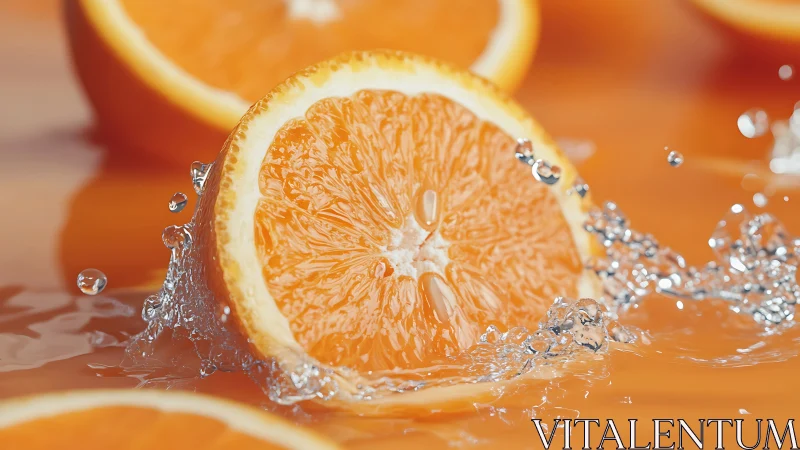 Close-up orange slice splashing in clear water on orange.