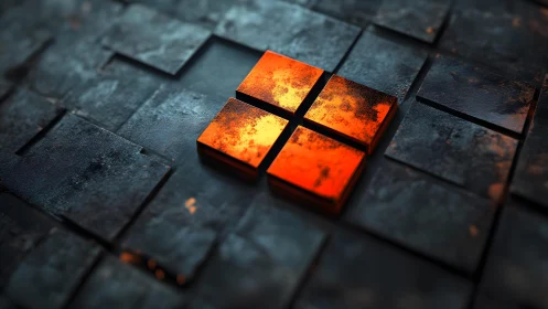 Glowing Orange Abstract Tiles on Dark Metallic Surface, 3D Art.