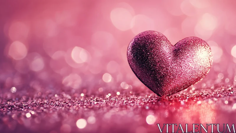 Sparkling pink heart rests amid dreamy glitter bokeh.