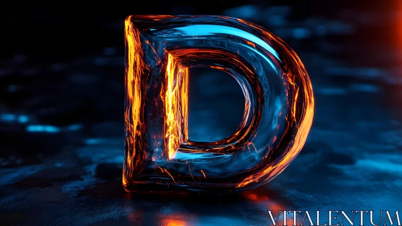 Glass Letter D with Fiery Orange Highlights in Futuristic Style.