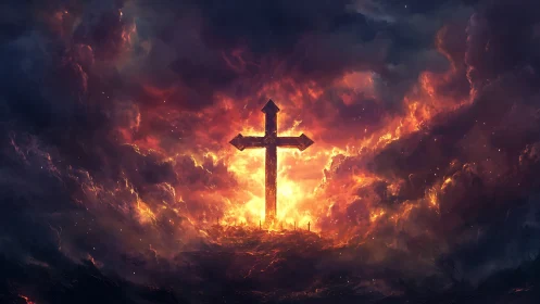 Radiant cross shining with hope through stormy, fiery clouds.