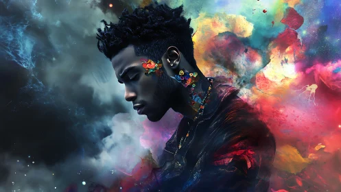 Digital painting portrait in prismatic cosmic color field composition.