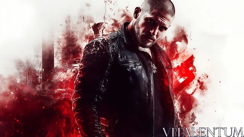 Brooding leather-clad antihero in red abstract storm.