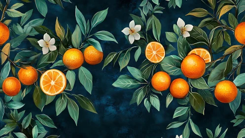 Orange branches with blossoms on deep teal background.