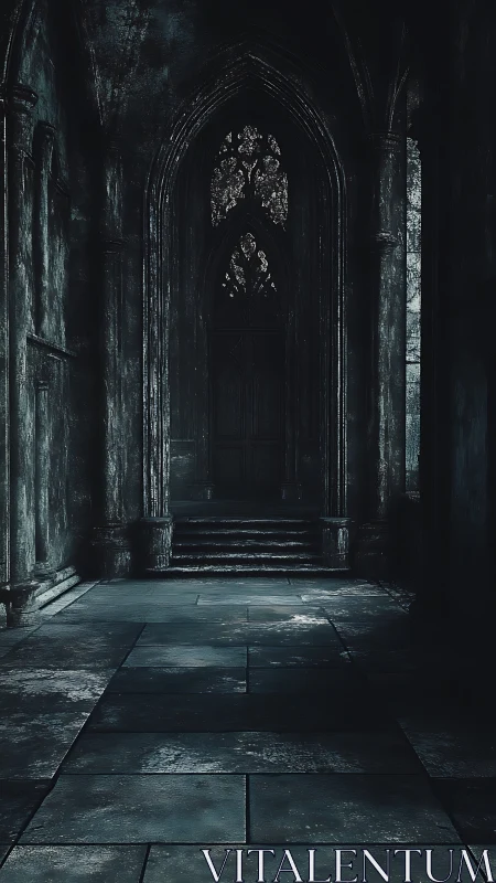 Midnight cathedral corridor brooding before a sealed door.