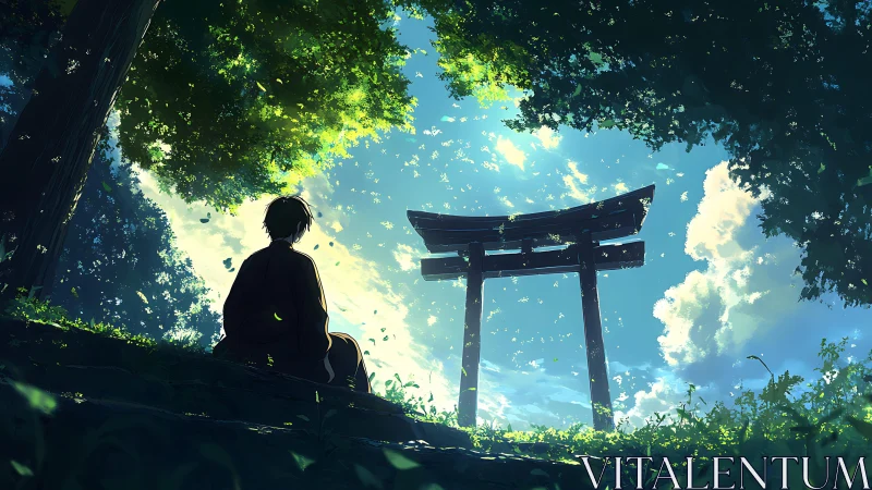 Forest daydream beneath a sunlit torii gateway of quiet wonder.