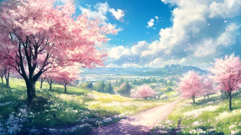 Sunlit cherry blossom path across rolling spring valley.