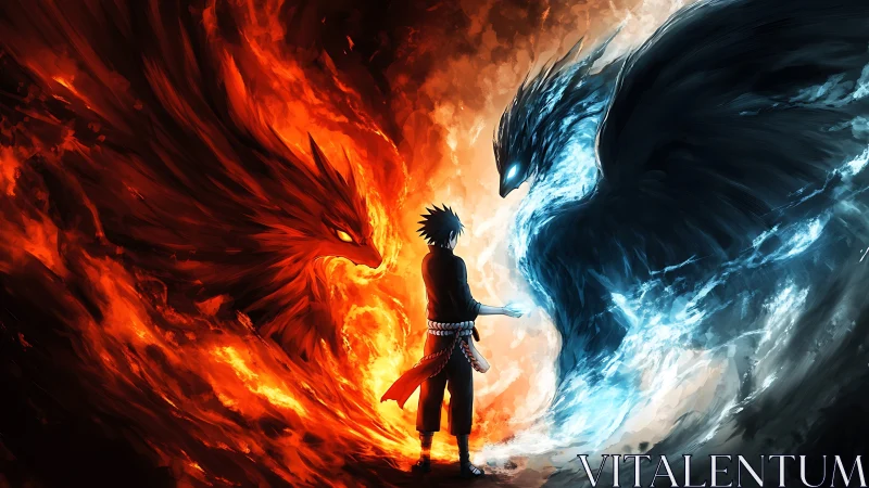 Central figure stands between opposing fiery and icy entities