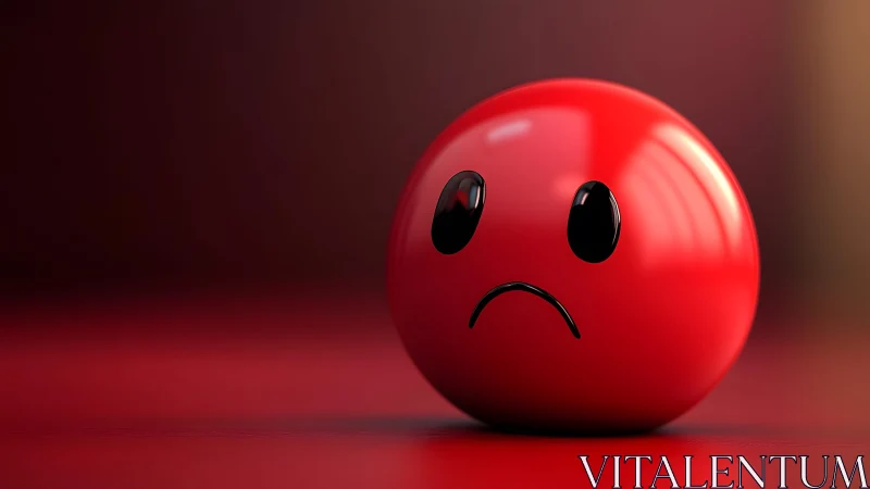 Sad red glossy emoticon on dark background, 3D digital art style.