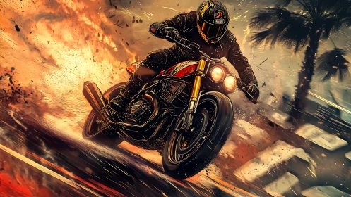 Motorcycle comet carves molten streaks through a city storm