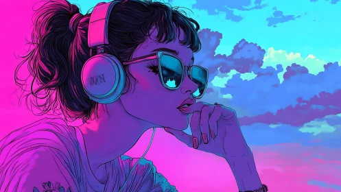 Neon sky listener wears reflective shades, lost in sound.