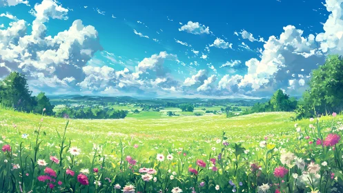 Summer wildflower meadow under bright sweeping clouds.