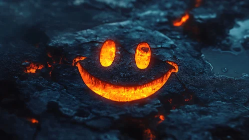 Molten smiley face carved into dark volcanic rock surface.