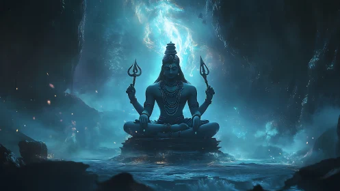 Divine blue deity meditating in glowing cavern sanctuary.