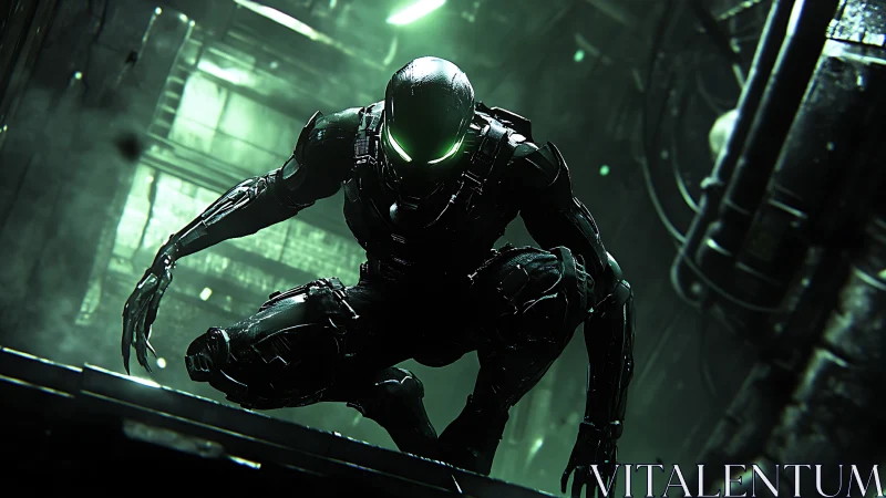 Stealth exosuit operative in rain-soaked industrial corridor