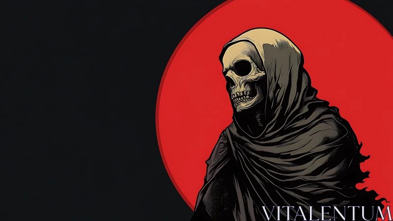 Cloaked skeletal figure before solid red circular backdrop.