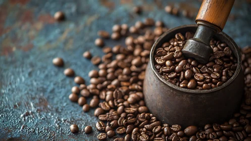 Roasted coffee beans in rustic metal mortar on textured surface