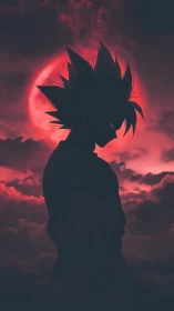 Spiky haired anime silhouette stands before intense red moon