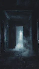 Fog-drenched corridor with backlit doorway and eerie glow.