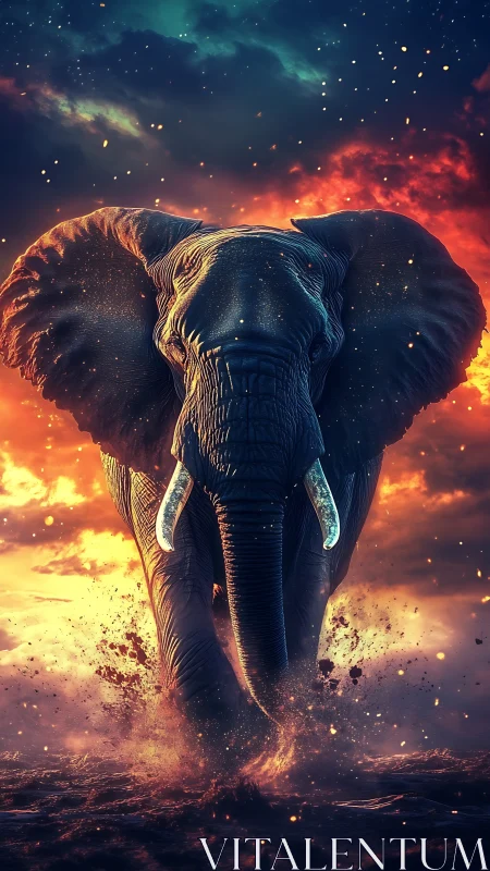 Cinematic digital painting of charging elephant in firelit stormscape.