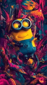 Joyful yellow character floats in neon surreal paint storm