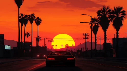 Retro car cruises toward a blazing palm-lined sunset street.