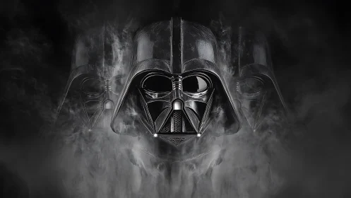 Dark armored mask emerging through swirling grey smoke.