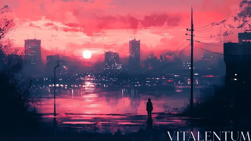 Solitary figure studies neon dusk skyline across river