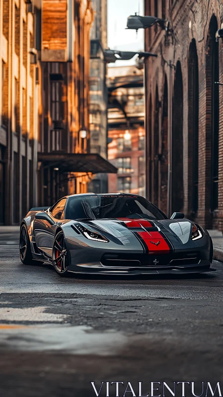Photorealistic supercar portrait in narrow urban alleyway.