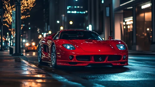 Midnight city cruise with a glowing red supercar dream.