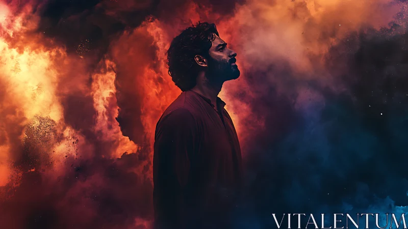 Profiled man amid fiery and cool cosmic smoke clouds.