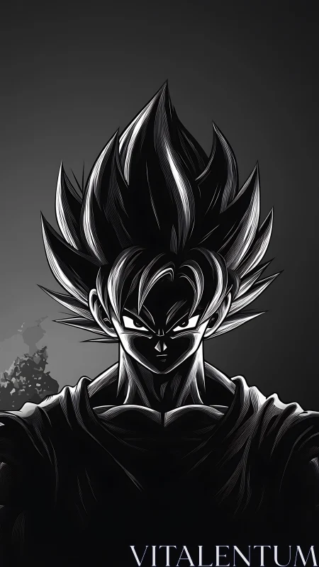 Monochrome anime warrior portrait with dramatic chiaroscuro.