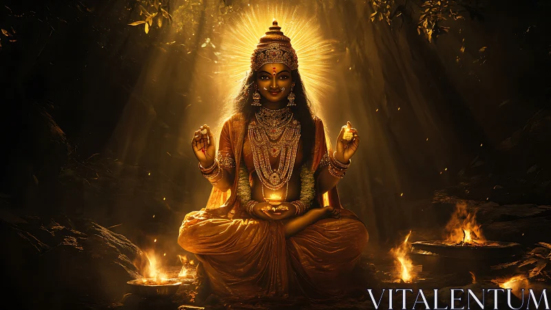 Radiant four-armed goddess in forest shrine with ritual fires