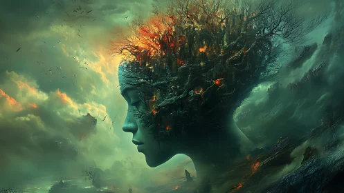 Surreal profile merges burning arboreal cityscape with storms