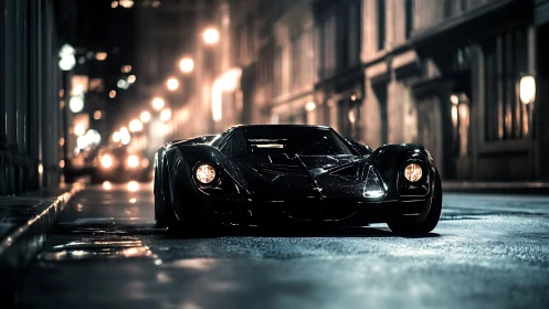 Midnight supercar on wet urban street with cinematic lighting.