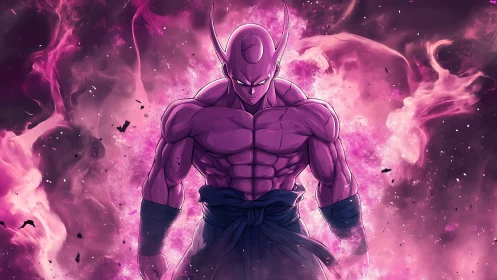 Muscular pink humanoid warrior stands amid purple flames
