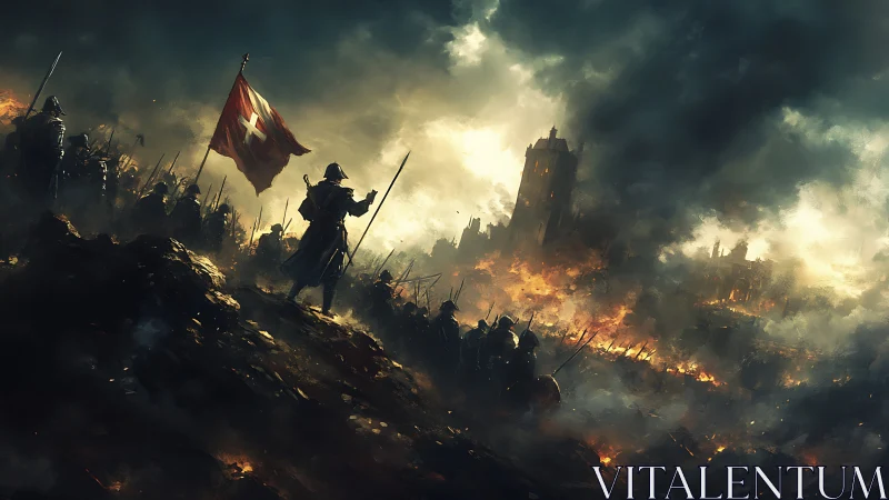 Medieval army marches toward burning city under smoke