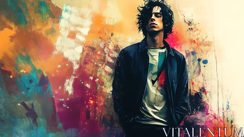 Moody youth before vivid abstract brushwork color field